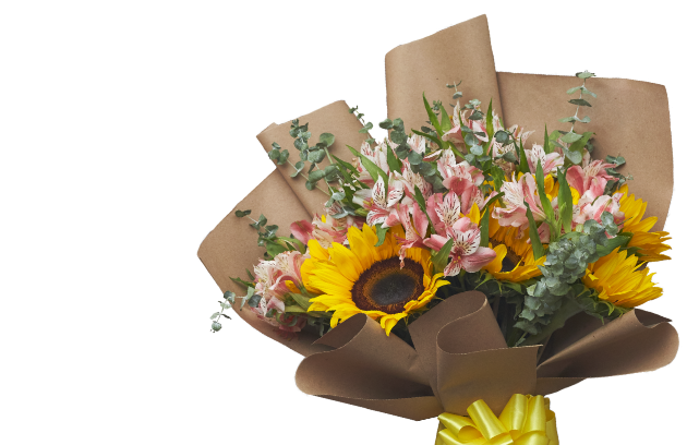 Ramo de girasoles con astromelias y mini dolar envuelto con papel kraft y moño dorado